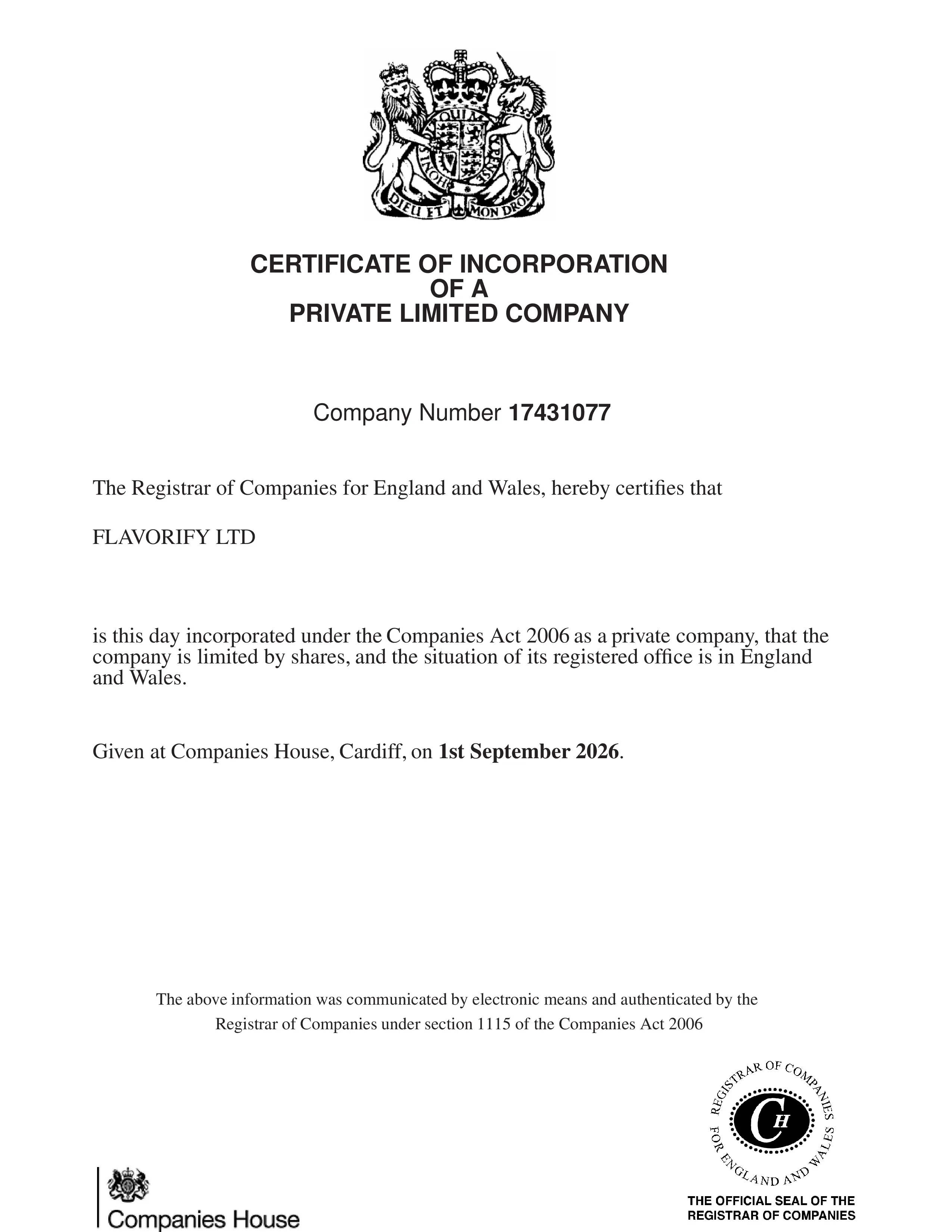 Certificate of incorporation for FLAVORIFY LTD